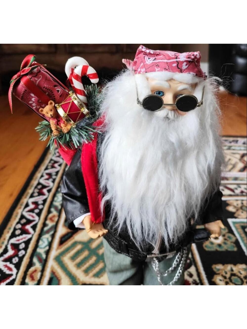 Biker Santa Claus Standing Statue Figure Decoration 18” Leather Jackets Goggles